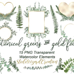 Botanical Watercolor, Clipart Eucalyptus Greenery Leaves, Digital Clipart, Gold Foil Frames, PNG, Gold Wedding Invite Clipart Elements