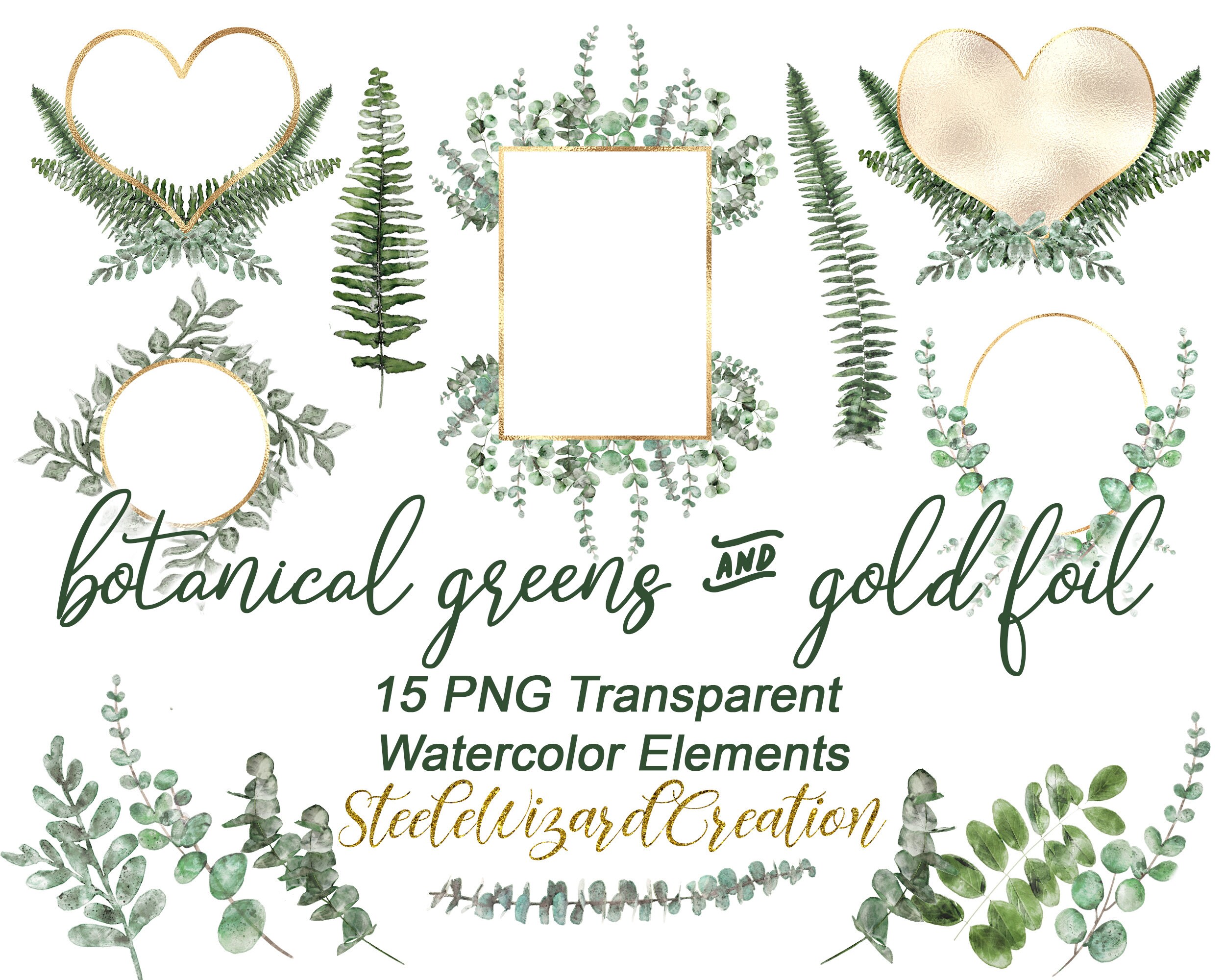 Botanical Watercolor, Clipart Eucalyptus Greenery Leaves, Digital Clipart, Gold Foil Frames, PNG, Gold Wedding Invite Clipart Elements