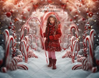 Fondo digital de Candy Cane Lane, fondo digital de Navidad, Navidad de Snow Lane, telón de fondo de Navidad, compuesto de fotos de Candycane