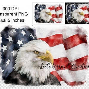 May include: A watercolor painting of a bald eagle with its head turned to the side, looking to the right. The eagle is in front of a waving American flag with red, white, and blue stripes and white stars on a blue field. The text "Steele Wizard Creation" is at the bottom of the image.