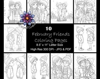 Para colorear del día de San Valentín, Páginas para colorear para adultos de Young Love, 10 descargas digitales, Hojas para colorear, Páginas para colorear de fantasía, Amigos de febrero