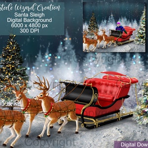 Santa Sleigh Digital Background, Christmas Backdrop, Reindeer Sleigh Background, Photoshop Composite
