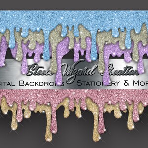 K&ouml;nnte beinhalten: Digitaler Hintergrund mit tropfendem Glitzer in Blau, Lila, Gold und Rosa. Der Text "Sleevie Wizard Creation" befindet sich in der Mitte des Bildes. Der Text "Digital Backdrops Stationery & More" befindet sich unter dem Text "Sleevie Wizard Creation".