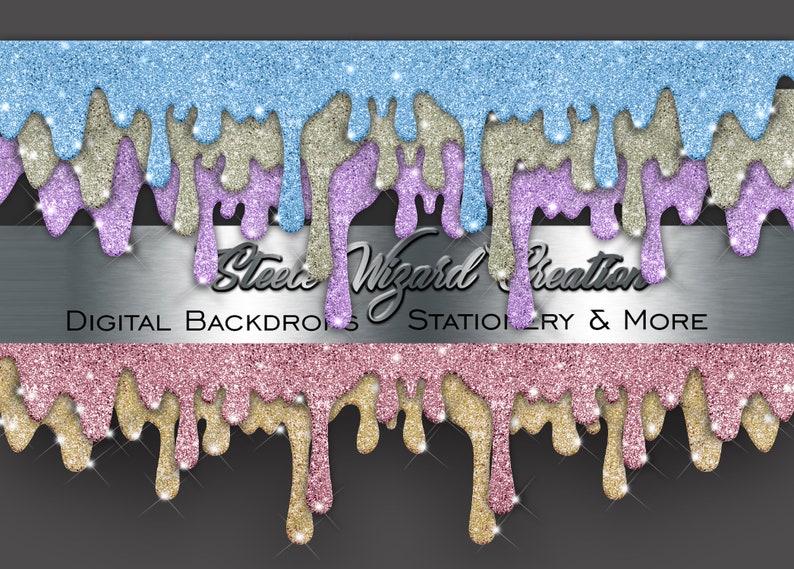 K&ouml;nnte beinhalten: Digitaler Hintergrund mit tropfendem Glitzer in Blau, Lila, Gold und Rosa. Der Text "Sleevie Wizard Creation" befindet sich in der Mitte des Bildes. Der Text "Digital Backdrops Stationery & More" befindet sich unter dem Text "Sleevie Wizard Creation".