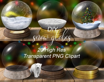 May include: Twenty high-resolution transparent PNG clipart images of snow globes. The snow globes are empty, filled with snow and a Christmas tree, and filled with snow and a mountain range. The snow globes are on a wooden surface with a string of Christmas lights.