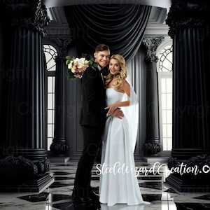 May include: A bride and groom pose for a wedding portrait in a grand, black and white, marble-floored room with tall columns and black drapes. The bride is wearing a white strapless gown with a veil and the groom is wearing a black tuxedo.