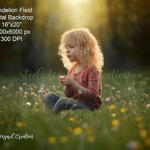 May include: A young girl with blonde curly hair sits in a field of yellow dandelions. She is wearing a red and white patterned shirt and blue jeans. The sun is shining brightly in the background.