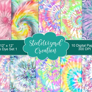 Tie Dye Digital Paper, Rainbow Seamless Tie Dye Download Pastel Scrapbook Paper Pack Tie-Dye Print, Groovy Retro