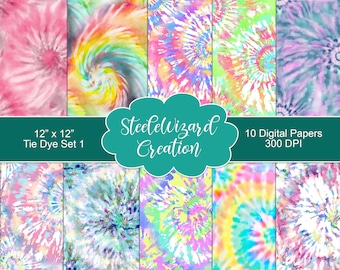 Tie Dye Digital Paper, Rainbow Seamless Tie Dye Download Pastel Scrapbook Paper Pack Tie-Dye Print, Groovy Retro