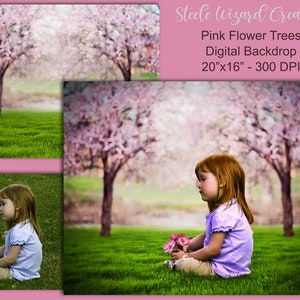 Floral Trees Digital Backdrop, Spring Backdrop, Pink Flower Trees Background, Summer Backdrop