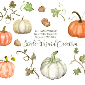 Autumn Pumpkin Clipart Illustrations, Watercolor Pumpkin Clip Art, Watercolor Pumpkins, Acorn, Watercolor Fall Wedding, Autumn Clipart