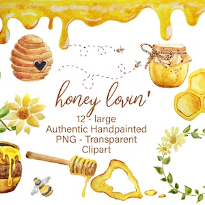 Watercolor Honey Clipart, Honey bees, Hand Painted Illustration digital clip art, diy, Honey Jar, PNG commercial use