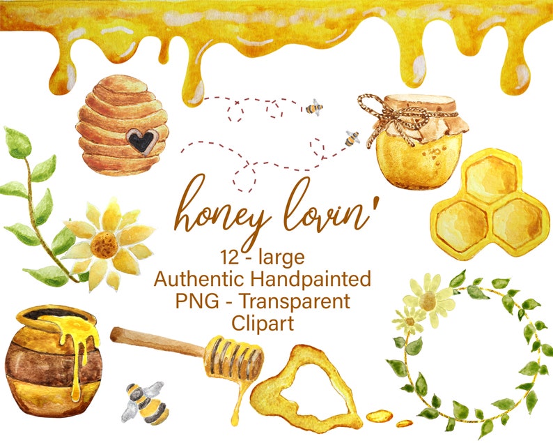 K&ouml;nnte beinhalten: Aquarell-Clipart-Set mit Honig-Motiven.  Enth&auml;lt ein Honigglas, eine Honigwabe, tropfenden Honig, eine Biene, eine Sonnenblume und einen Honigl&ouml;ffel.  Der Text "honey lovin'" ist in brauner Kursivschrift geschrieben.  12 gro&szlig;e, authentische handgemalte PNG-Clipart-Bilder mit transparenten Hintergr&uuml;nden.