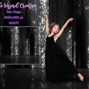 May include: A young person in a black dress dances on a stage with a sparkling background. The stage is black with white lights and a reflection of the lights on the floor. The text "Star Stage" is visible at the top of the image.