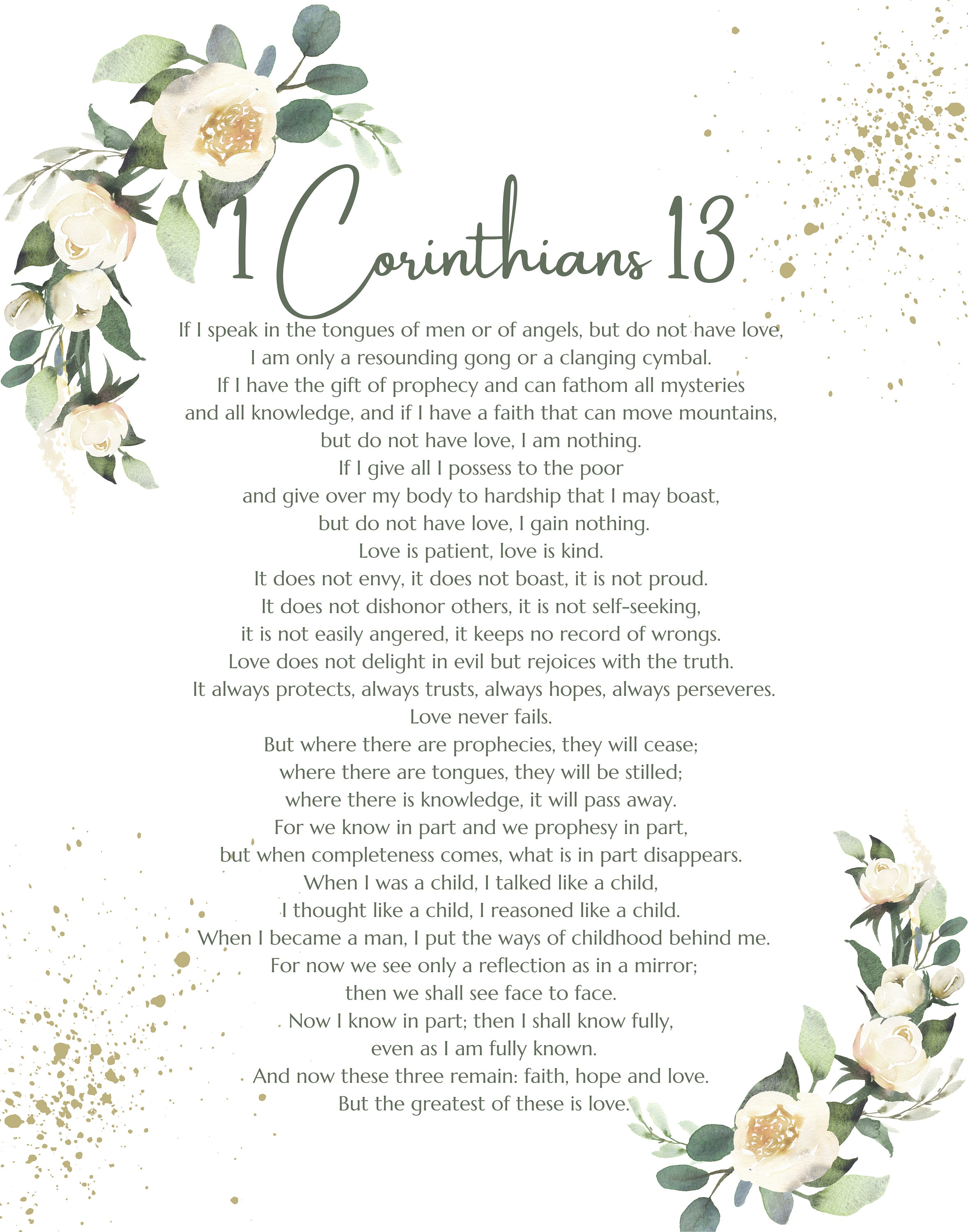 Printable Digital Download, 1 Corinthians 13, the Love Chapter, White