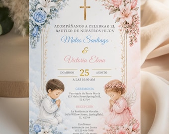 Spanish Twin Baptism Invitation Template, Blue Pink Christening Invite, Boy Girl Bautizo Invite, Editable Canva Digital Download, Printable