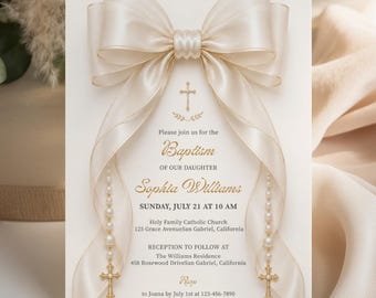 Elegant Girl Baptism Invitation Template, Luxury Ivory Bow Pearl Cross Catholic Christening Invitation Digital Download, Editable Canva