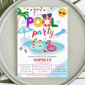 Faire-part d'anniversaire piscine party, invitation d'anniversaire d'été pour enfants modifiable, Splash Bash, téléchargement immédiat, modèle numérique pour fête de garçon ou de fille