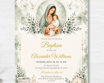 Our Lady of Guadalupe Baptism Invitation Template, Virgin Mary Christening Invite (Digital Download), Sage Green Baptism Invite, Canva