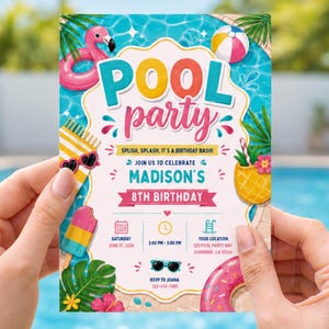 Inbjudan till poolparty, sommarbarninbjudan, redigerbar mall för plaskfest, canvasinbjudan till strandpoolflicka, utskrivbar 5x7