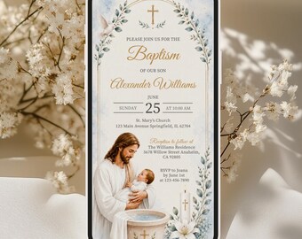 Blue Baptism Phone Invitation Template, Editable Boy Christening Invite, Jesus Baptism Canva Digital Download, Mobile 1080x1920, 1125x2436px