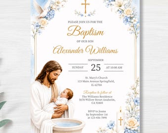 Blue Baptism Invitation Template, Blue Floral Christening Invite, Editable Jesus Baptism Canva 5x7 Printable Digital Download