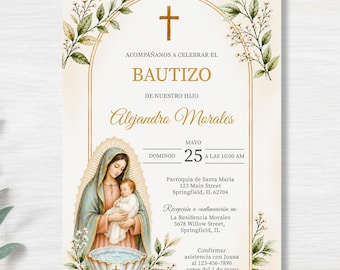 Mall för dopinbjudan till Virgen de Guadalupe, spansk dopinbjudan, dopinbjudan till Vår Fru av Guadalupe, digital nedladdning av Canva