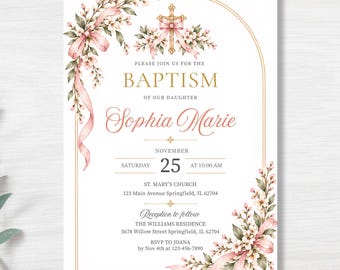 Floral Catholic Baptism Invitation, Pink Bow Cross Christening Template, Editable Canva( Digital Download)