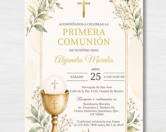 Invitación de Primera Comunión, Plantilla Editable Cruz de Oro y Follaje, Invitación Eucarística Imprimible, Niño Católico, Canva Digital