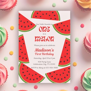 Invitation d'anniversaire pastèque modifiable, 1er anniversaire de fête, thème fruits d'été, modèle imprimable pour filles ou garçons, un melon