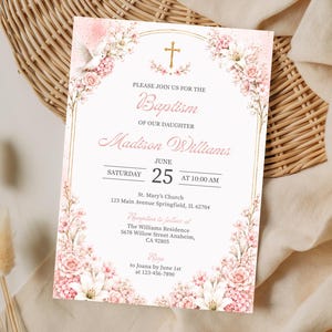 Pink Floral Baptism Invitation Template, Girl Christening Invite, Baby Dedication Invitation, Canva Printable 5x7 Digital Download, Catholic