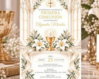 Invitación Primera Comunión Niño Editable, First Communion Invitation Template, Canva Digital Download
