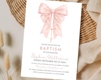 Blush Pink Bow Baptism Invitation Template, Girl Christening Invite, Watercolor Coquette Cross Pearls, Canva Digital Download, 5x7 Printable