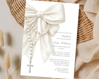 Elegant White Bow Baptism Invitation Template, Editable Christening Invite, Pearl Silver Rosary, Canva Digital Download,