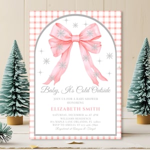 Pink Bow Baby It&#39;s Cold Outside Baby Shower Invitation Template Winter Baby Shower Invite Girl Snowflake Baby Shower Theme Christmas Holiday