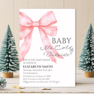 Pink Bow Baby It&#39;s Cold Outside Baby Shower Invitation Template Winter Baby Shower Invite Girl Snowflake Baby Shower Theme Christmas Holiday