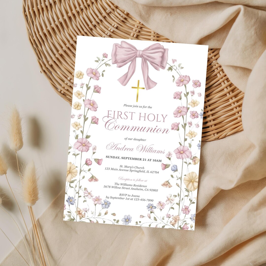 Floral First Holy Communion Invitation Girl, Watercolor Pink Bow ...