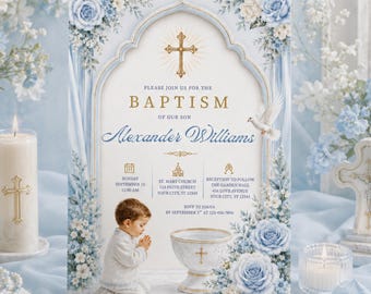 Blue Floral Baptism Invitation Boy Template, Editable Canva Christening Invite (Digital Download)