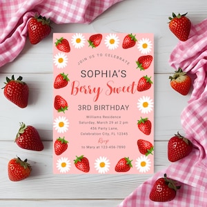 Berry Sweet Birthday Invitation Template Girl Birthday Invite Any Age Birthday Invite Strawberry Birthday Invite Instant Download Daisies