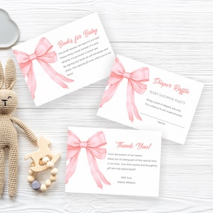 Modèle de lot de cartes pour baby shower avec noeud rose, livres pour bébé, tombola de couches, carte de remerciement, ruban rose coquette pour petite fille, téléchargement immédiat