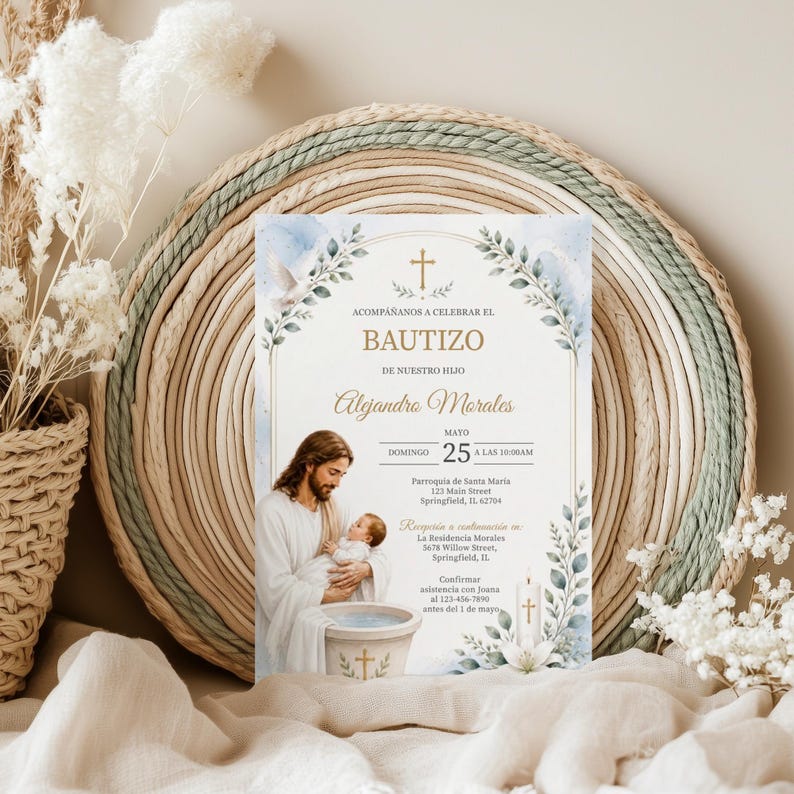 Plantilla de Invitación de Bautizo en Acuarela Azul, Invitación de Bautismo de Jesús Editable, Canva 5x7, Descarga Digital Imprimible bild 4
