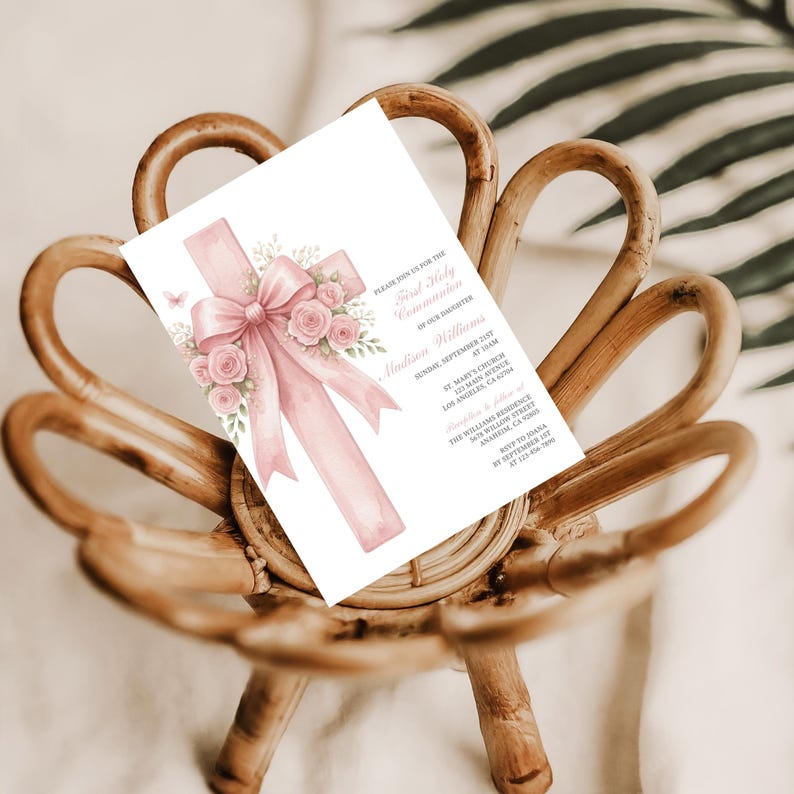 Blush Pink First Holy Communion Invitation Template, Watercolor Cross ...
