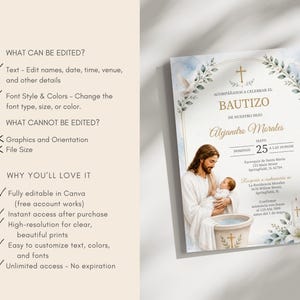 Plantilla de Invitación de Bautizo en Acuarela Azul, Invitación de Bautismo de Jesús Editable, Canva 5x7, Descarga Digital Imprimible bild 8