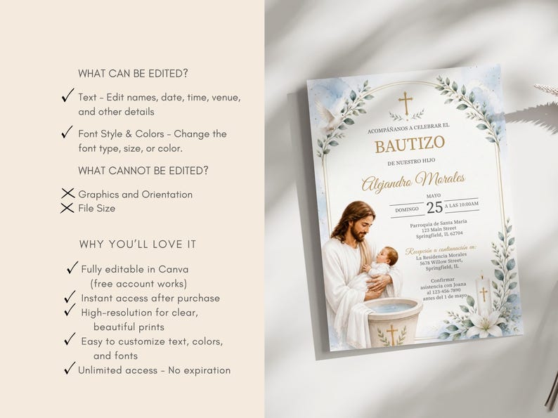 Plantilla de Invitación de Bautizo en Acuarela Azul, Invitación de Bautismo de Jesús Editable, Canva 5x7, Descarga Digital Imprimible bild 8