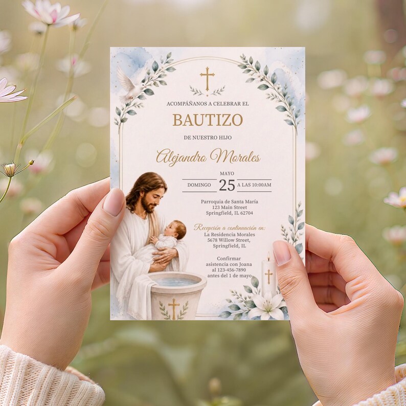 Plantilla de Invitación de Bautizo en Acuarela Azul, Invitación de Bautismo de Jesús Editable, Canva 5x7, Descarga Digital Imprimible bild 6