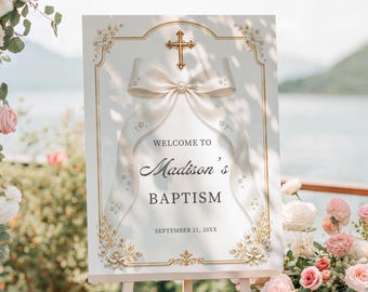 Editable Baptism Welcome Sign Template, White & Gold Bow Christening Poster, Canva Digital Download, 16x20, 18x24, 24x36 inches, Printable