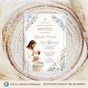 Plantilla de Invitación de Bautizo en Acuarela Azul, Invitación de Bautismo de Jesús Editable, Canva 5x7, Descarga Digital Imprimible bild 3