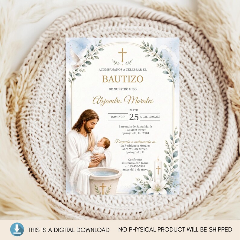Plantilla de Invitación de Bautizo en Acuarela Azul, Invitación de Bautismo de Jesús Editable, Canva 5x7, Descarga Digital Imprimible bild 3
