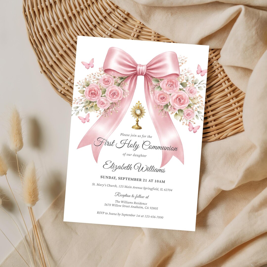 Editable Pink Floral First Holy Communion Invitation Template, Pink Bow ...
