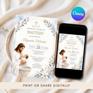 Plantilla de Invitación de Bautizo en Acuarela Azul, Invitación de Bautismo de Jesús Editable, Canva 5x7, Descarga Digital Imprimible bild 2